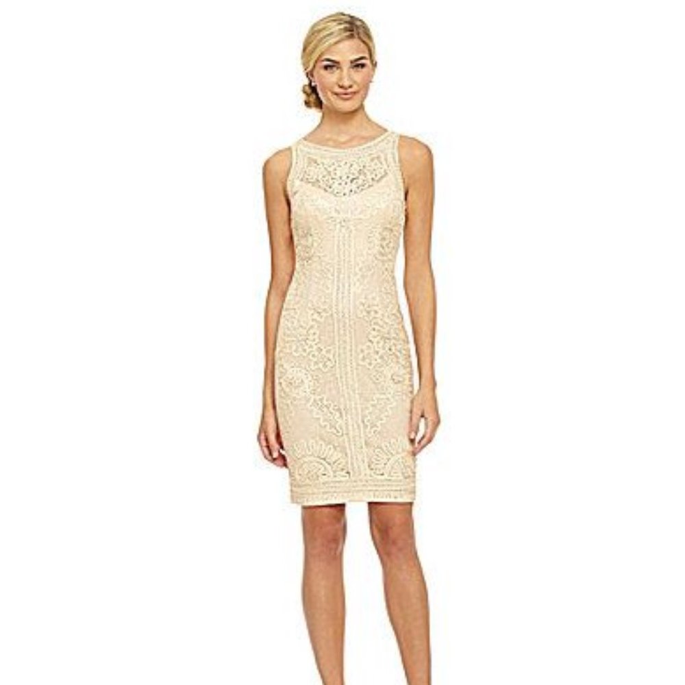 Sue Wong Soutache Lace Dress, Champagne, Size 8